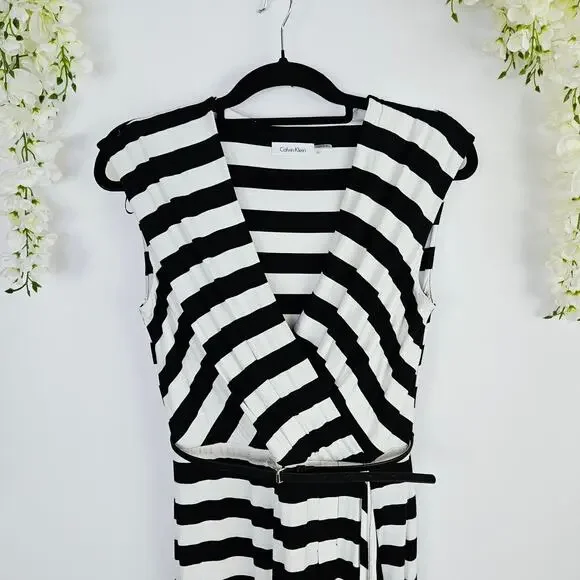 New Calvin Klein Size 6 Black White Striped Dress Belted Classic Chic Career - Picture 11 of 16